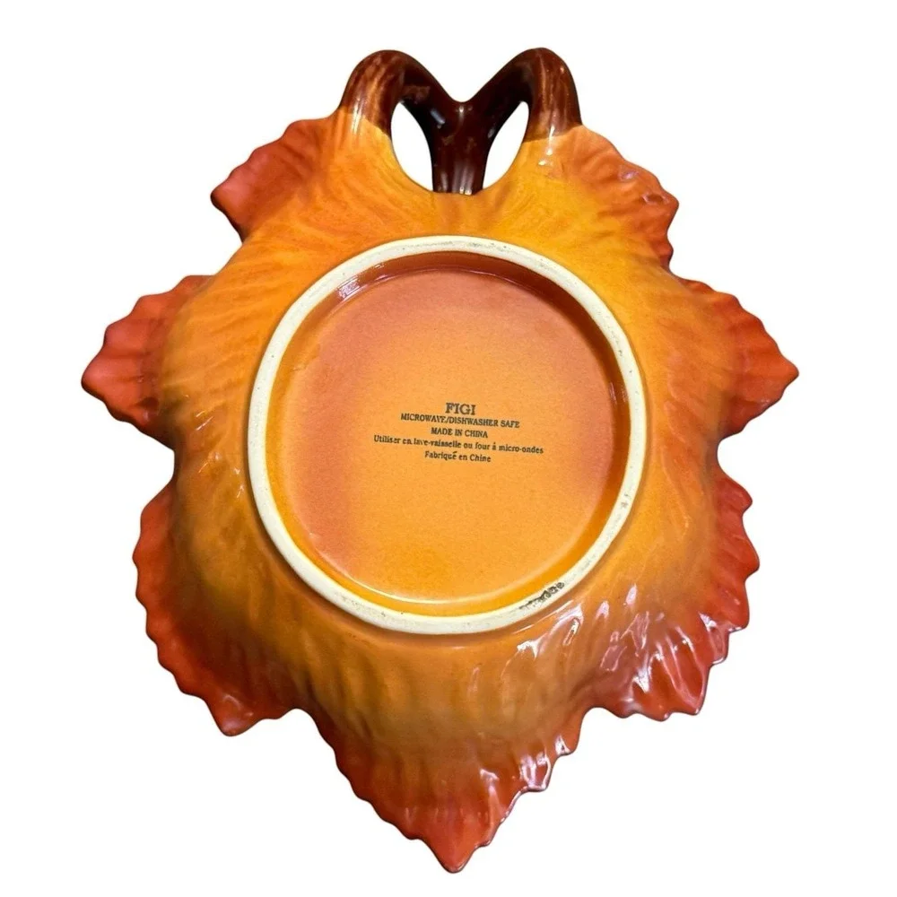 FIGI Autumn Leaf Handled Bowl Candy Nut Dish Fall Thanksgiving Orange Ceramic